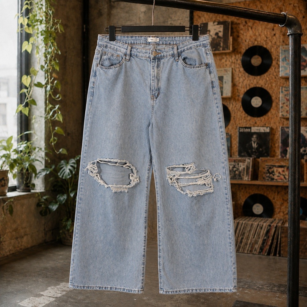 Rue21‎ Distressed Wide Leg Jeans Light Wash Blue Baggy Skate Denim Mens 18